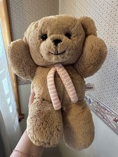 Aurora Plush Beige Teddy Bear Eleanor 13  W/Pink  White Striped Scarf