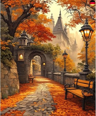 NEWENMO Herbstblatt Landschaft Malen Nach Zahlen Erwachsene,Altes Schloss Paint