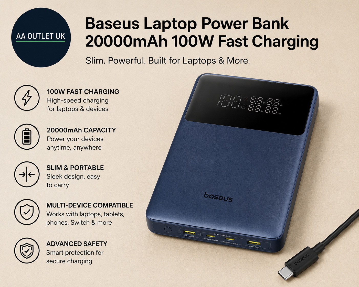 Baseus Powerbank 20000mAh 100 W PD Slim External Battery QC 4.0 Fast Charger New