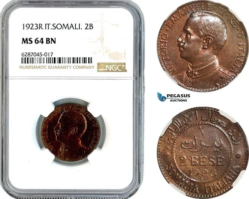A11-282, Italian Somaliland, Vittorio Emanuele III, 2 Bese 1923 R, NGC MS64BN