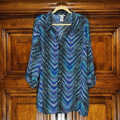 Catherines Blouse Womens PLUS 3X Geometric Button Up Tunic Top Comfort Stretch