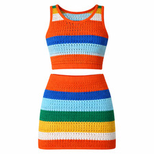Rainbow Striped Crochet Knit 2 Piece Set Crop Top Mini Skirt Small Boho Festival