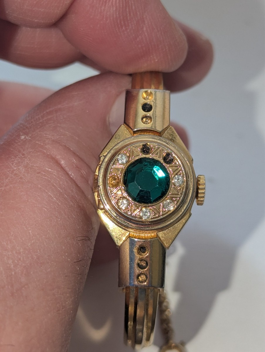 Vintage Art Deco Style Gold Tone Peek-a-Boo Watch Green  display picture 1