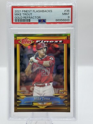 MIKE TROUT 2021 Finest Flashbacks Gold Refractor JERSEY MATCH # 27/50 PSA 9