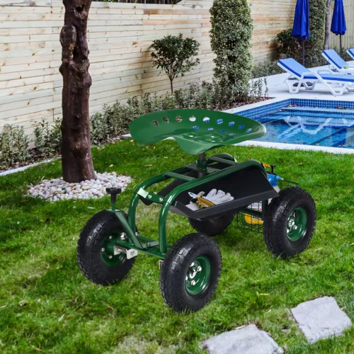 Garden Cart Patio Wagon Rolling Work Seat W/ Tool Tray Basket Planting Green