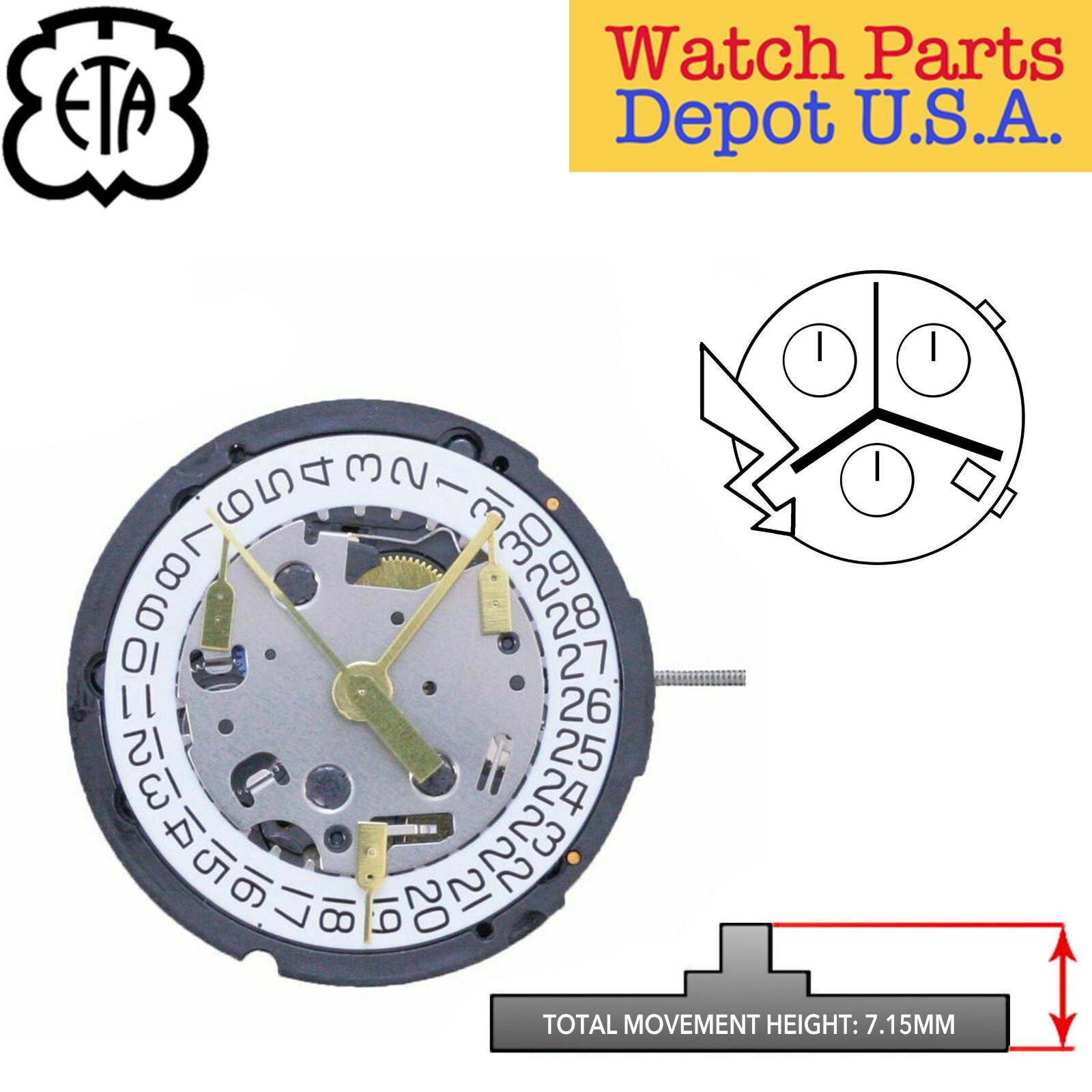 Genuine ETA G15.262-D4A Swiss Parts Quartz Movement, 3 Hands, Date