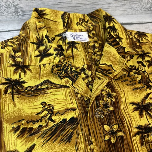 Vintage 60s Fashions Of Hawaii Size S/M? Gelbes geblümtes Hemd mit Knopfleiste - Bild 6 von 9