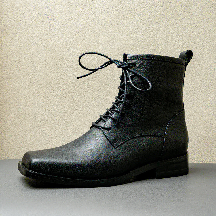 Side Zipper Square Toe Men's Lace Up Motorcycle Ankle Boots