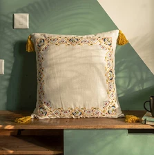 Tassel Throw Pillow for Sofa Block Print Cushion cover 18x18in 1 Pc