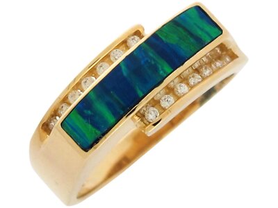 10k or 14k Gold Modern Lab Created Blue Green Opal and Diamonds Ladies Ring
