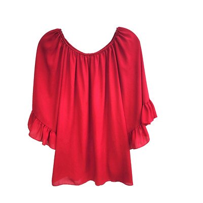 Emma Rose Top Size Medium Deep Red Ruffle Wide Sleeves Polyester