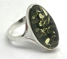 Green amber oval ring solid Sterling Silver, real Baltic amber, new.