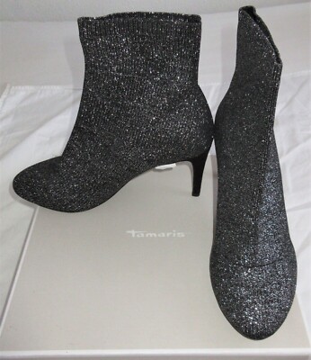Tamaris Damen Stiefeletten / Textilstiefeletten in schwarz/silber Gr. 39   NEU 
