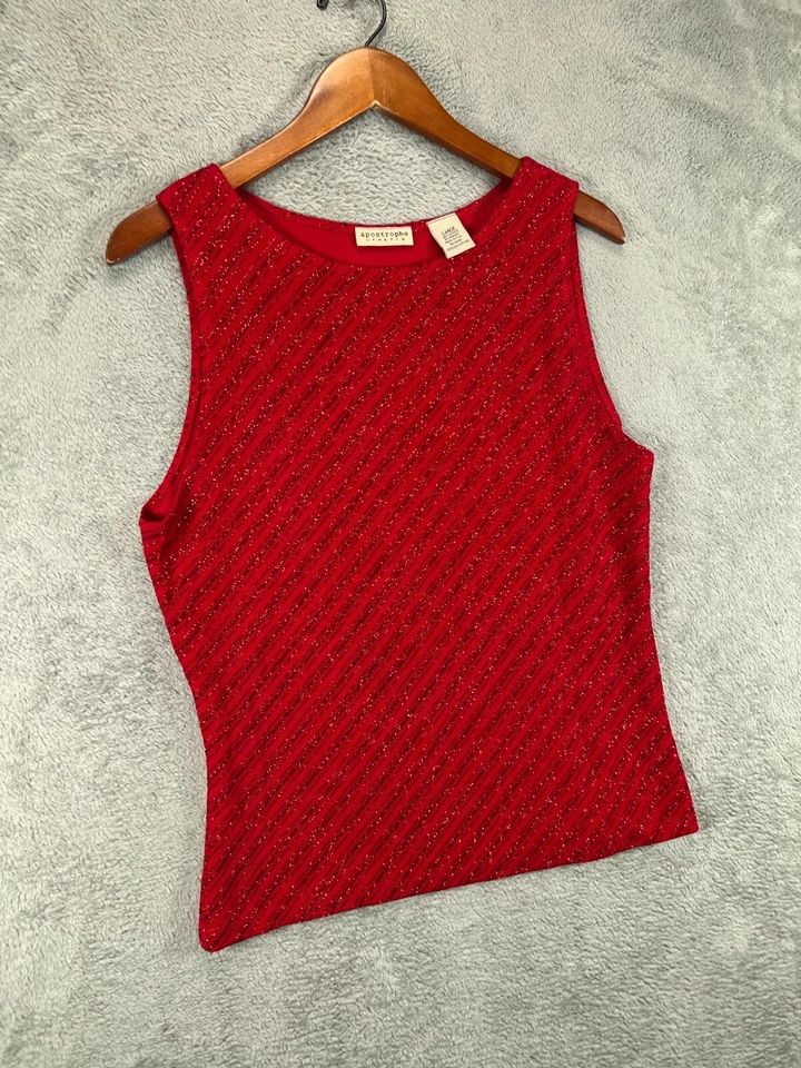Blusa feminina grande regata vermelha metálica glitter sem mangas esticadas apóstrofo - Imagem 2 de 4