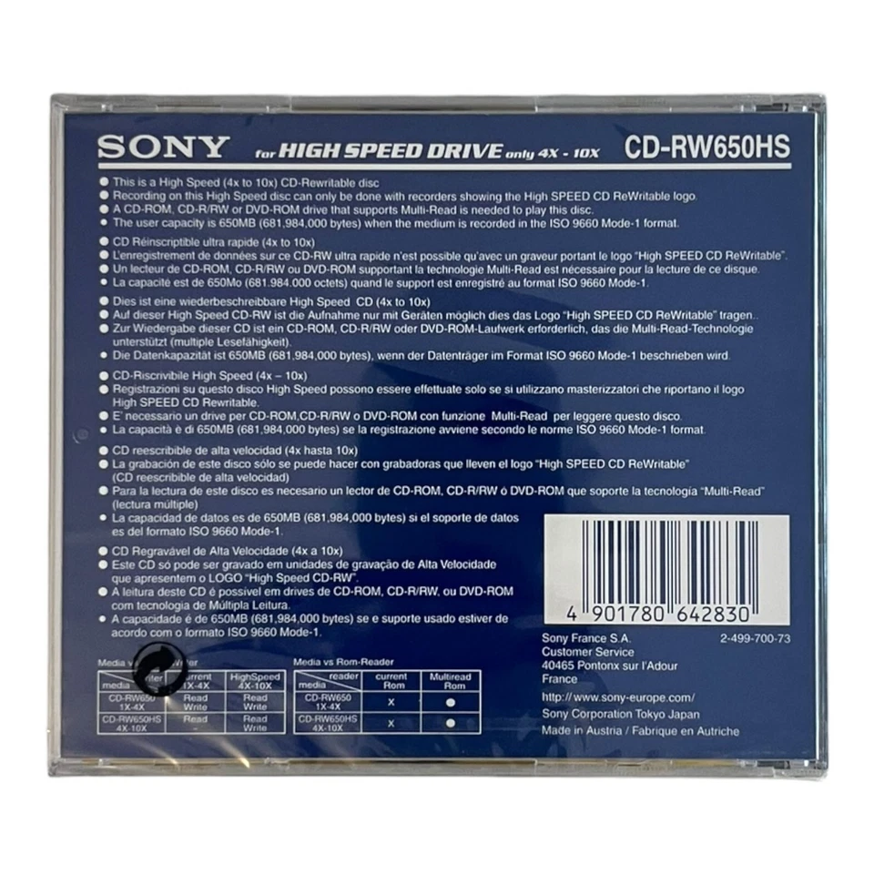 Sony CD-RW 650 MB 4-10x Speed CD-RW Rohling 1 Stück Neu & unbenutzt - Bild 2 von 2