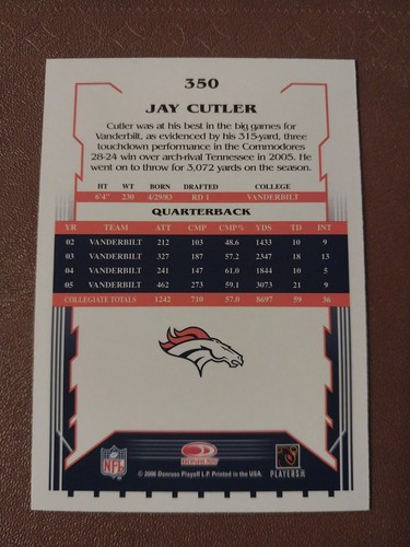 2006 JAY CUTLER SCORE NFL ROOKIE RC CARD #350 BRONCOS VANDERBILT CHICAGO BEARS - Picture 2 of 2