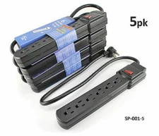 5-PACK 6 Outlet Vertical Surge Power Strip, 90 Joules, w/ 90 Degree 2ft Cable