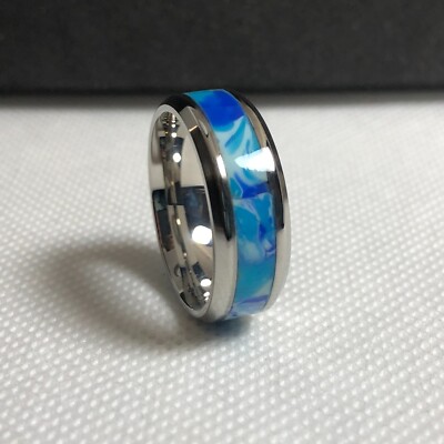 Blue Polymer Clay Inlay Ring, Stainless Steel Multicolored Blue Ring ...