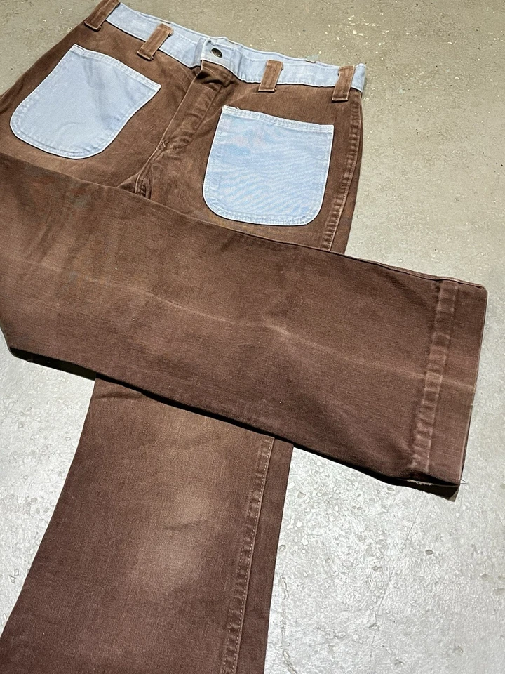 Vintage 1970s Brown Blue High Rise HillBilly Bell Bottom Jeans See Measurements - Image 2 of 4