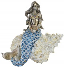 Figurine statuette statue Sirène dorée sur coquillage - 24 cm - déco mer marin 