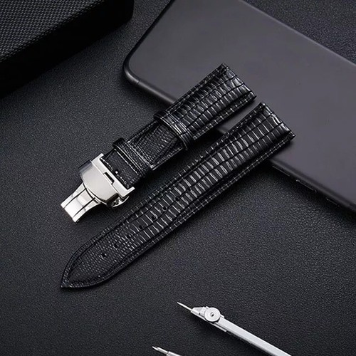 Cinturino Per Orologio Movado 18mm In Pelle Italiana &ndash; Fibbia Pieghevole Acciaio, Nero