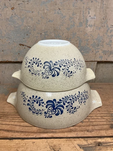 Vintage Pyrex 441 442 Homestead Cinderella Mixing Bowls Tan Blue Corning Ware