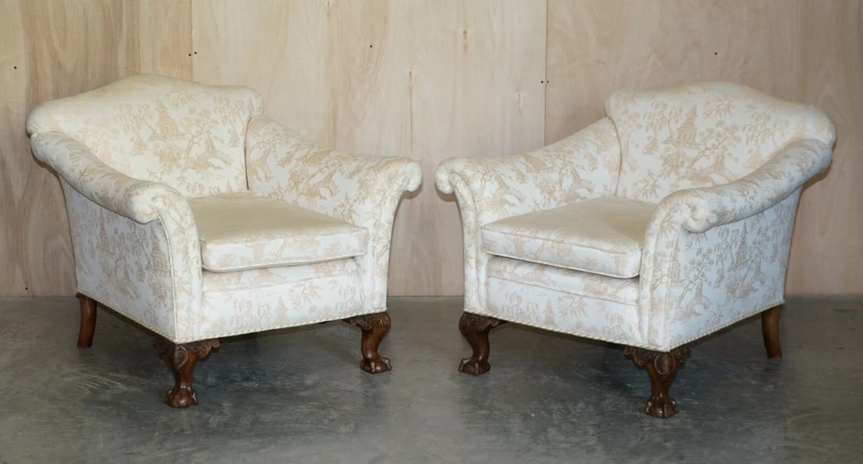 ANTIQUE VICTORIAN SOFA & ARMCHAIR SUITE CHINOISERIE UPHOLSTERY CLAW & BALL FEET - Image 2 of 4