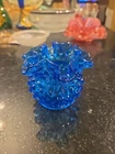Vintage Fenton Art Glass Small Vase Colonial Blue Hobnail Ruffled Edge 3"H