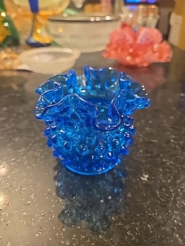 Vintage Fenton Art Glass Small Vase Colonial Blue Hobnail Ruffled Edge 3"H