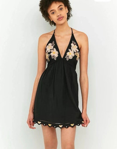 Sz XS Free People Love and Flowers Dress Halter Tank Embroidered Black Pockets