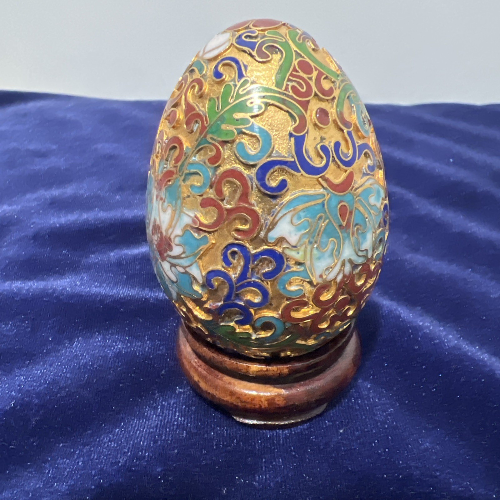 Vintage Chinese Brass Enamel Cloisonne Egg Figurine With Stand 2.75