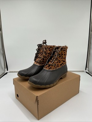 Sperry Saltwater STS86775 Duck Boots Women's 6.5 Tan Leopard Print Lace Up JLO10