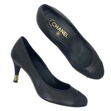 Chanel CC Logo Gold Tipped Heel Cap Toe Leather Pump Black Women Size 38