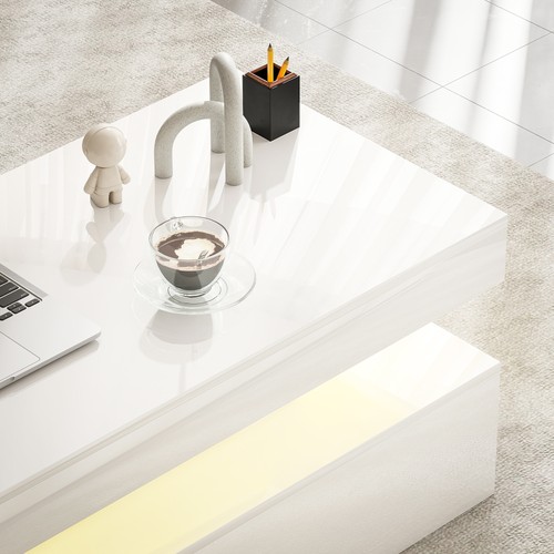 HOMCOM LED Coffee Table with Storage, High Gloss Living Room Table, White - Picture 9 of 11