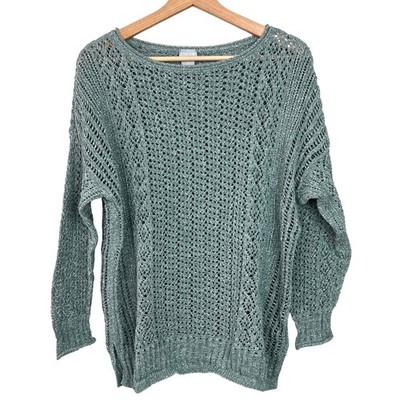 Chico's Light Teal Blue Open Knit Sweater Women Size 2 Large Boat Neck Cotton