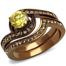 Women's Ring Set, Yellow CZ, Coffee Plated, Stainless Steel, Bridal, Sparkling