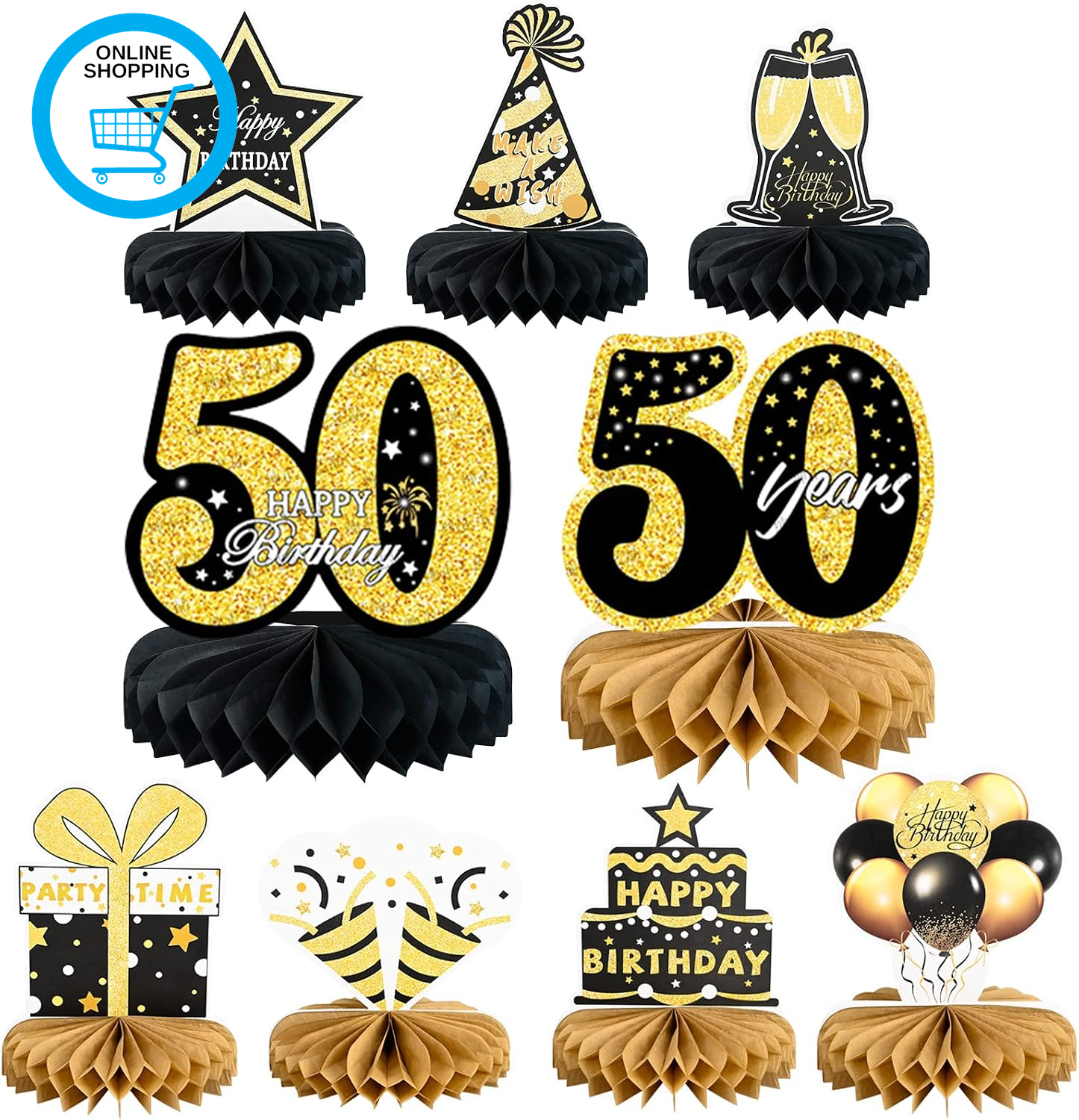 9Pcs 50Th Happy Birthday Centerpieces, Black and Gold Happy Birthday Decorations