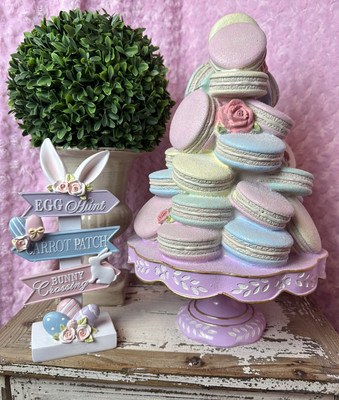 NWT! SWEET TREATS Pastel Faux Macarons Tree Cake On Pedestal Easter Roses Spring