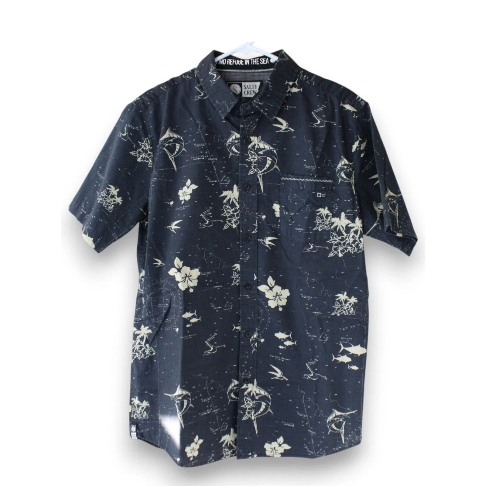 Salty Crew Hawaiian Fishing Shirt Men's Med Navy Button Front Aloha