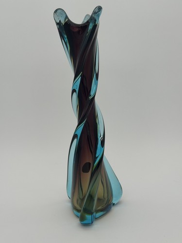 Vtg. Murano Red / Blue / Yellow Sommerso Style Twisted Glass 12" Vase hand made