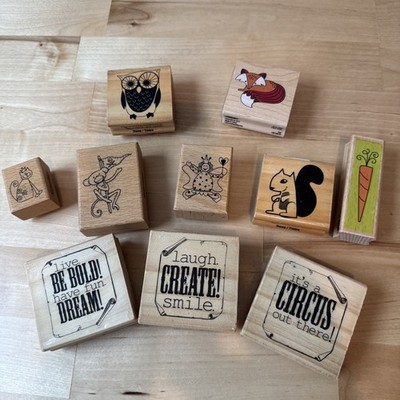 10 Wood Rubber Stamp Lot Owl Fox Carrot Cat Monkey Fairy Squirrel Sayings