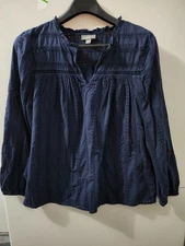 Style Co Top Womens M Blue Blouse Tunic Popover Eyelet 100% Cotton Vneck Boho