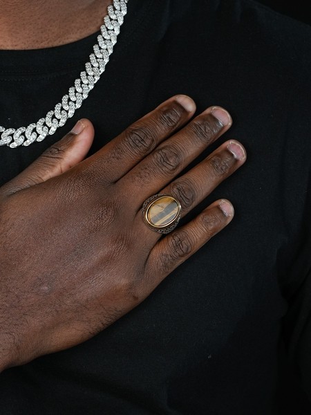 Alternate view of 10k Gold Plated 925 Sterling Silver Tiger's Eye Mens Large Ring Size 7-13 Pinky