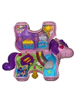 Polly Pocket Unicorn Party Compact Playset Carry Case Pink Piñata Extras Toy Fun