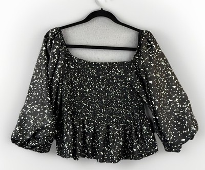 Strut And Bolt Women's Peasant Top Size Large Black Ballon Sleeve Crop Peplum