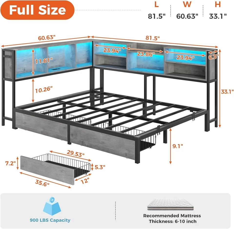 Full Daybed Corner Bed Frame with Charging Station,Led Lights,Bookcase Storage - Image 2 of 4