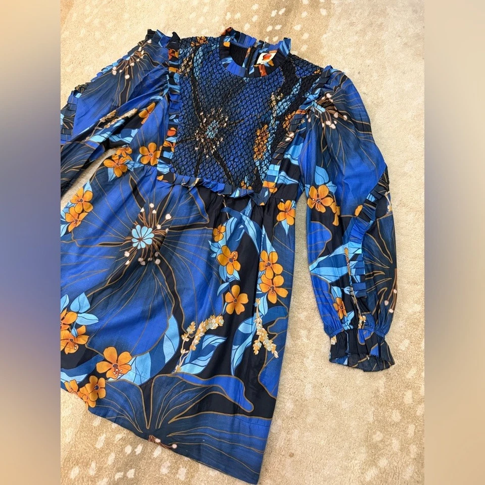 Farm Rio NWT Pietra floral mini dress blue orange ruffle women’s size XL - Image 3 of 4