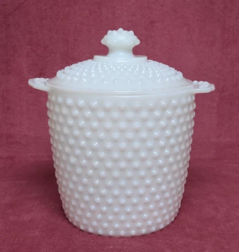 Vtg Anchor Hocking White Milk Glass Hobnail Ice Bucket Canister Cookie Jar & Lid