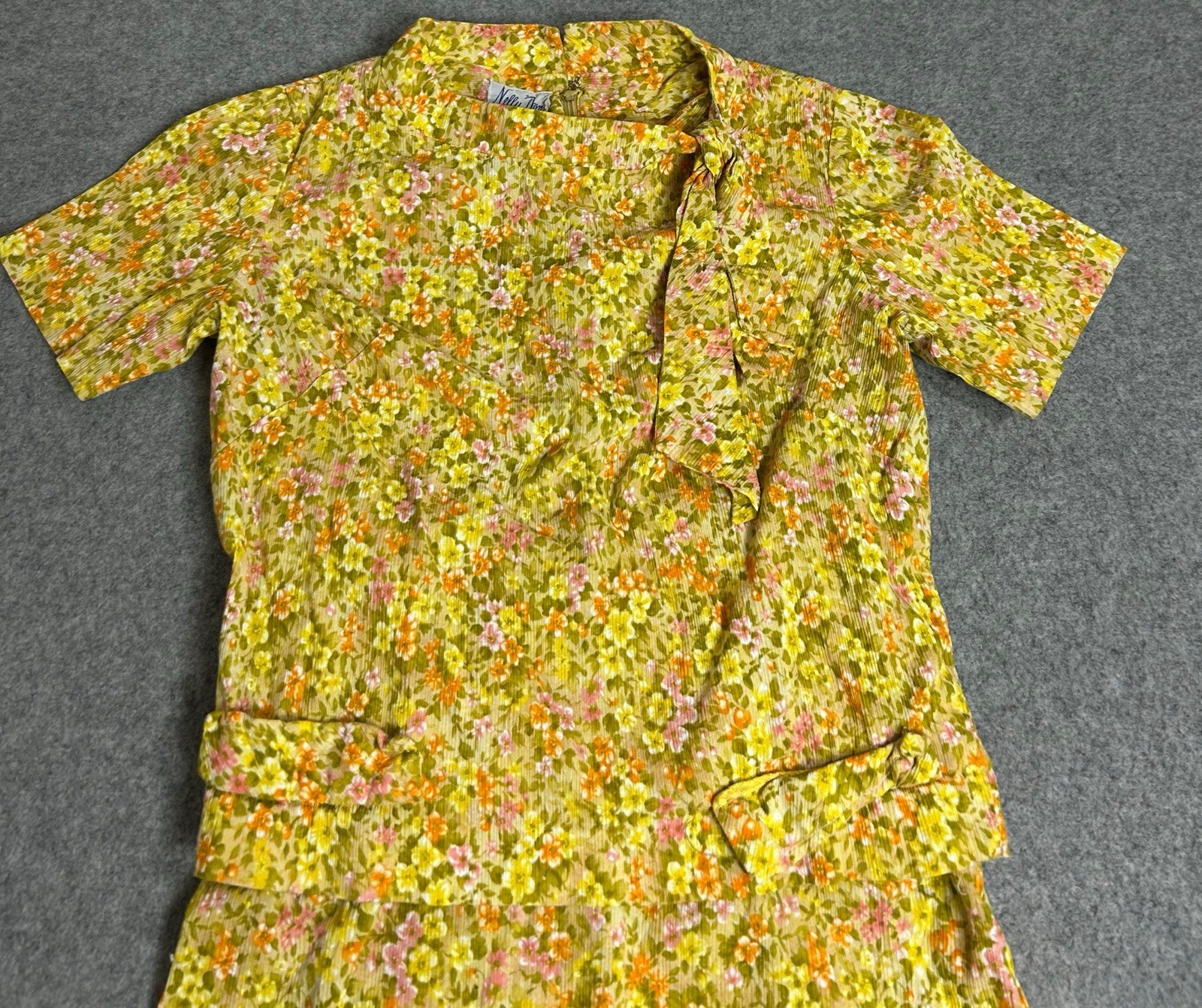 Vintage NELLY DON Women's Floral 2 Piece Set Sz M Yellow Tie Collar 80’s Y2k
