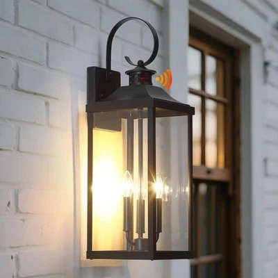 3-Light Motion Sensor Dusk to Dawn Large Outdoor Wall Lantern Scone, Black - Image 1 of 4